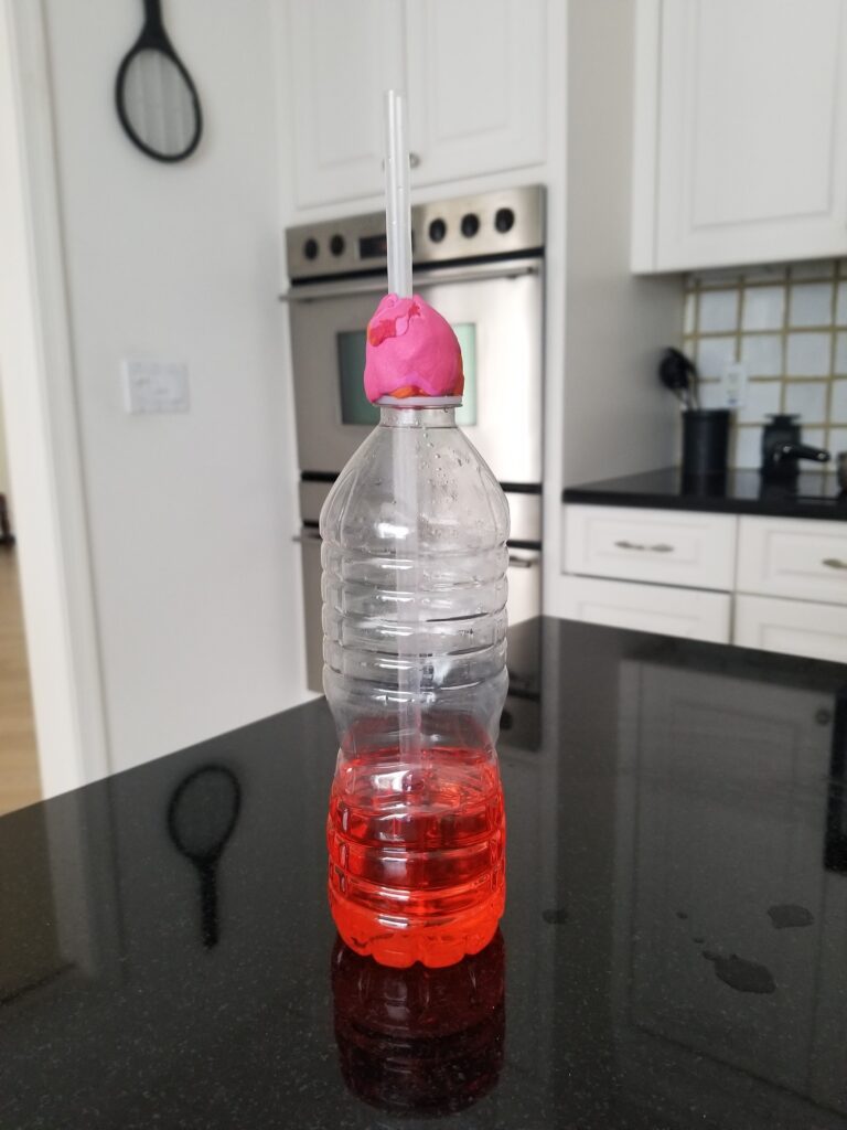 plastic water bottle with red liquid and straw held in place by modeling clay
