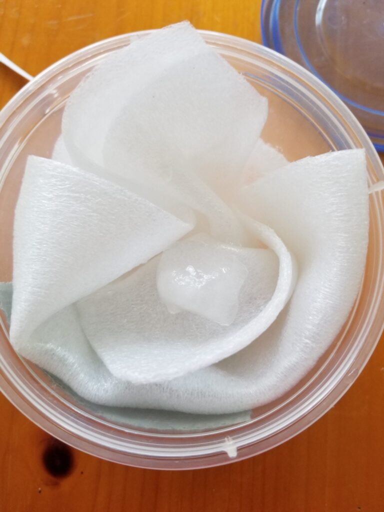 food container with foam and an ice cube inside