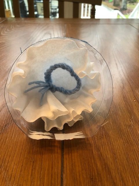 coffee filter and braided blue string inside top part of plastic liter bottle